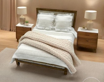 Modern Dollhouse Queen Bed 1:12 Scale Miniature Furniture | Natural Striped Bedding, Pillows & Throw