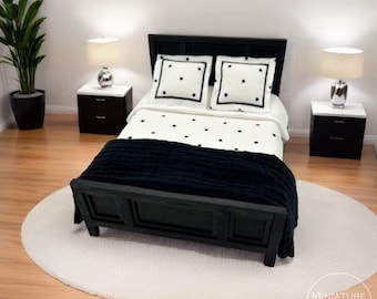 Dollhouse Bed, 1:12 Scale Miniature Furniture, Queen | Polka Dot Bedding, Pillows & Throw
