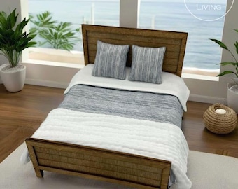 Dollhouse Bed, 1:12 Scale Miniature Furniture, Queen | Blue Stripe Nautical Bedding, Pillows & Throw