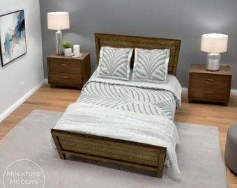 Modern Dollhouse Queen Bed 1:12 Scale Miniature Furniture |  Grey Bedding, Pillows & Throw