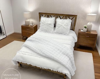 Modern Dollhouse Queen Bed 1:12 Scale Miniature Furniture | White Bow Bedding, Pillows & Throw
