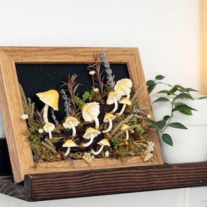 Clay Mushroom Forest Painting, Natural 3D Wall Art With Yellow Mushroom & Dried Plants In Oak Frame, Clay Art For Decor Home, Best Gift Idea