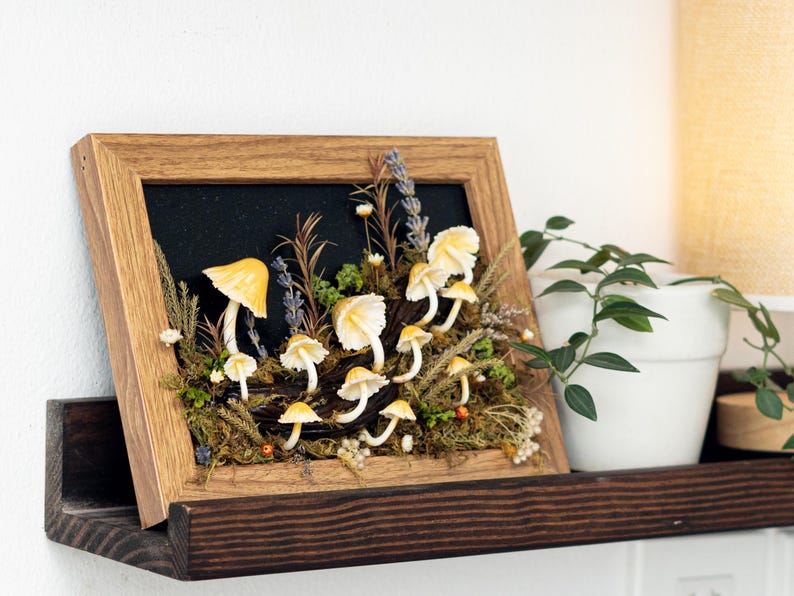Clay Mushroom Forest Painting, Natural 3D Wall Art With Yellow Mushroom & Dried Plants In Oak Frame, Clay Art For Decor Home, Best Gift Idea