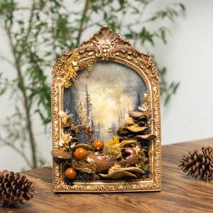 Clay Mushroom Forest Painting, 3D Wall Art With Mushrooms & Pine Trees In Gold Arch Frame, Mushroom And Rustic Nature Scene, Vintage Decor