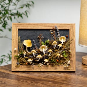 Clay Mushroom Forest Painting, Natural 3D Wall Art With Yellow Mushroom & Dried Plants In Oak Frame, Clay Art For Decor Home, Best Gift Idea