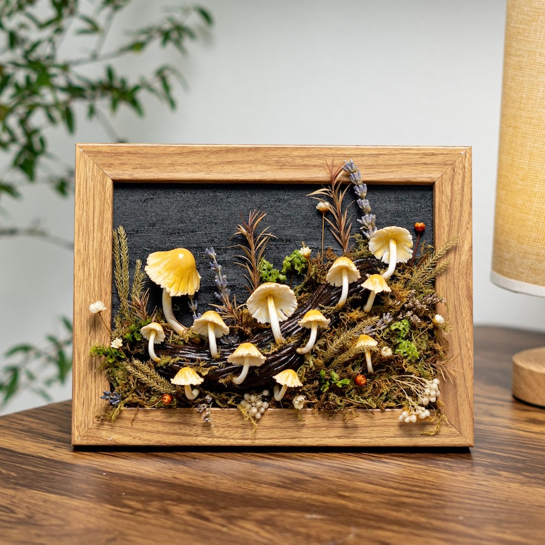 Clay Mushroom Forest Painting, Natural 3D Wall Art With Yellow Mushroom & Dried Plants In Oak Frame, Clay Art For Decor Home, Best Gift Idea
