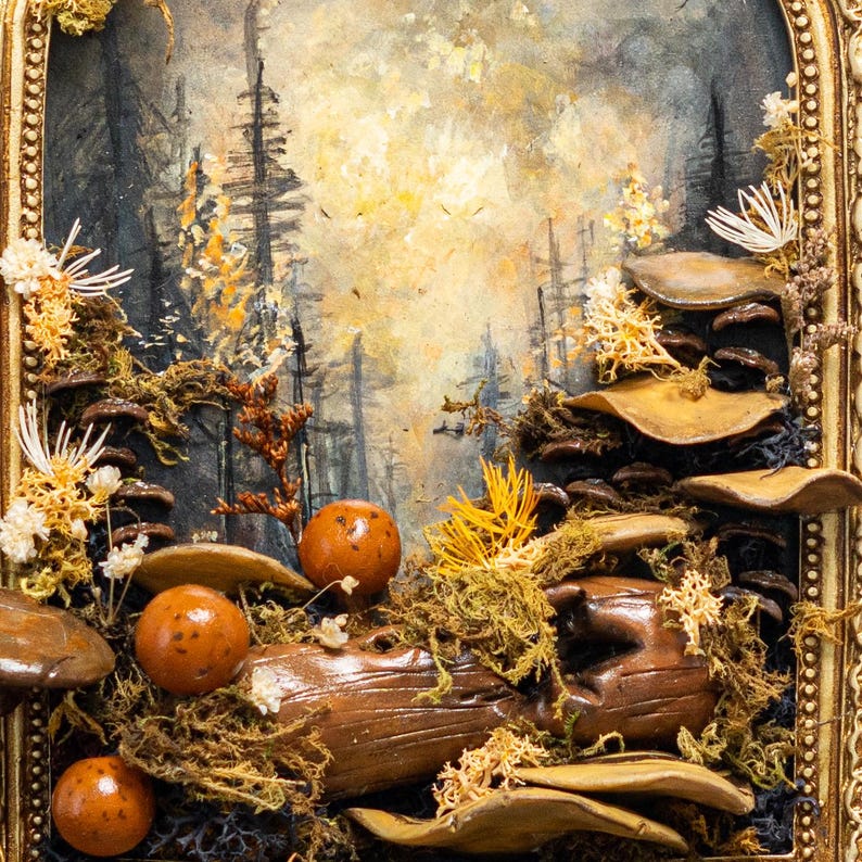 Clay Mushroom Forest Painting, 3D Wall Art With Mushrooms & Pine Trees In Gold Arch Frame, Mushroom And Rustic Nature Scene, Vintage Decor