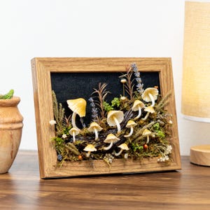 Clay Mushroom Forest Painting, Natural 3D Wall Art With Yellow Mushroom & Dried Plants In Oak Frame, Clay Art For Decor Home, Best Gift Idea