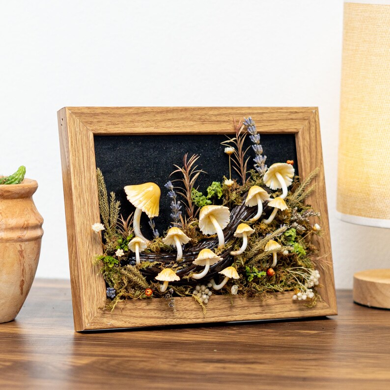 Clay Mushroom Forest Painting, Natural 3D Wall Art With Yellow Mushroom & Dried Plants In Oak Frame, Clay Art For Decor Home, Best Gift Idea