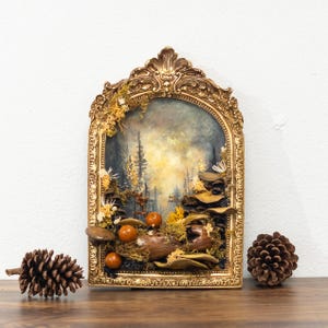 Clay Mushroom Forest Painting, 3D Wall Art With Mushrooms & Pine Trees In Gold Arch Frame, Mushroom And Rustic Nature Scene, Vintage Decor