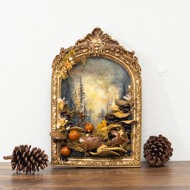Clay Mushroom Forest Painting, 3D Wall Art With Mushrooms & Pine Trees In Gold Arch Frame, Mushroom And Rustic Nature Scene, Vintage Decor