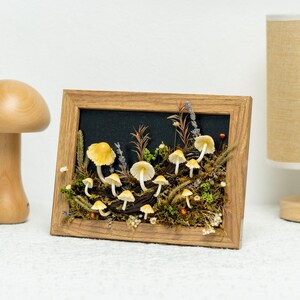Clay Mushroom Forest Painting, Natural 3D Wall Art With Yellow Mushroom & Dried Plants In Oak Frame, Clay Art For Decor Home, Best Gift Idea