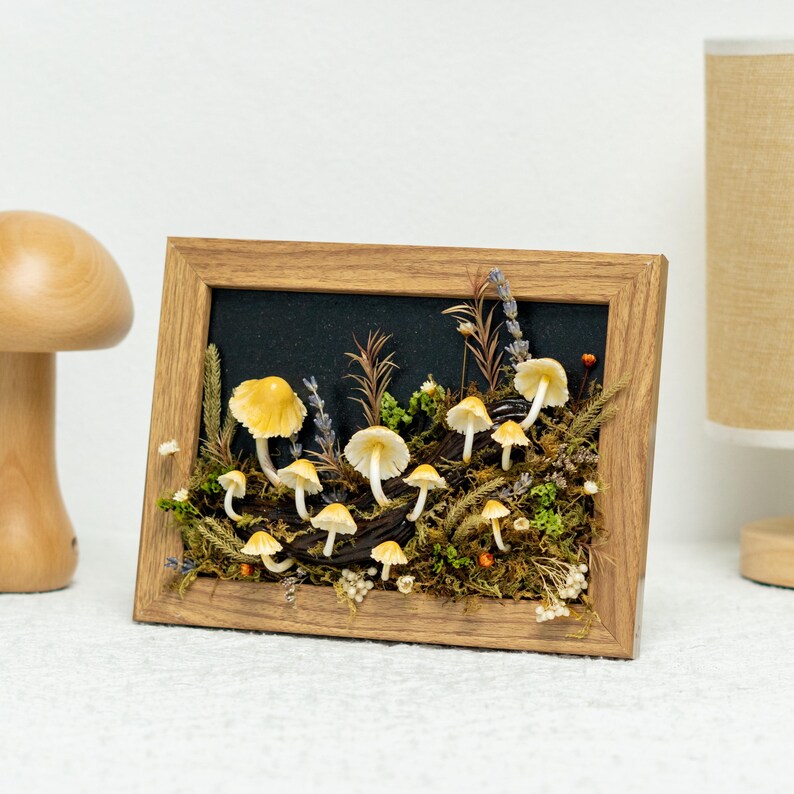 Clay Mushroom Forest Painting, Natural 3D Wall Art With Yellow Mushroom & Dried Plants In Oak Frame, Clay Art For Decor Home, Best Gift Idea