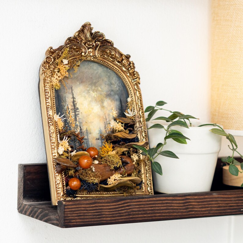 Clay Mushroom Forest Painting, 3D Wall Art With Mushrooms & Pine Trees In Gold Arch Frame, Mushroom And Rustic Nature Scene, Vintage Decor