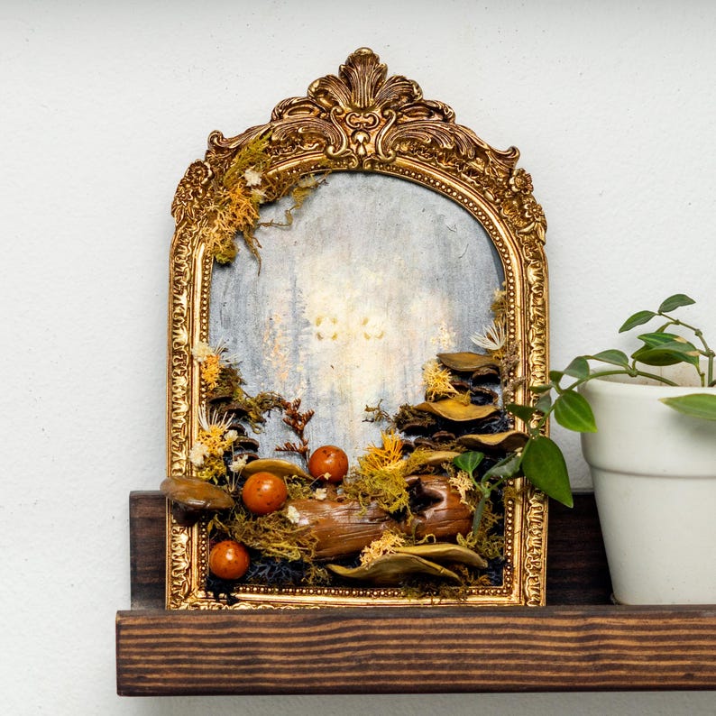 Clay Mushroom Forest Painting, 3D Wall Art With Mushrooms & Pine Trees In Gold Arch Frame, Mushroom And Rustic Nature Scene, Vintage Decor