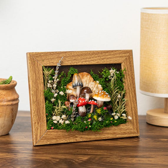 Goblincore Forest Mushroom Art Frame | 3D Moss Shadow Box | Enchanted Woodland Wall Hanging | Nature Lover Gift