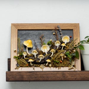 Clay Mushroom Forest Painting, Natural 3D Wall Art With Yellow Mushroom & Dried Plants In Oak Frame, Clay Art For Decor Home, Best Gift Idea