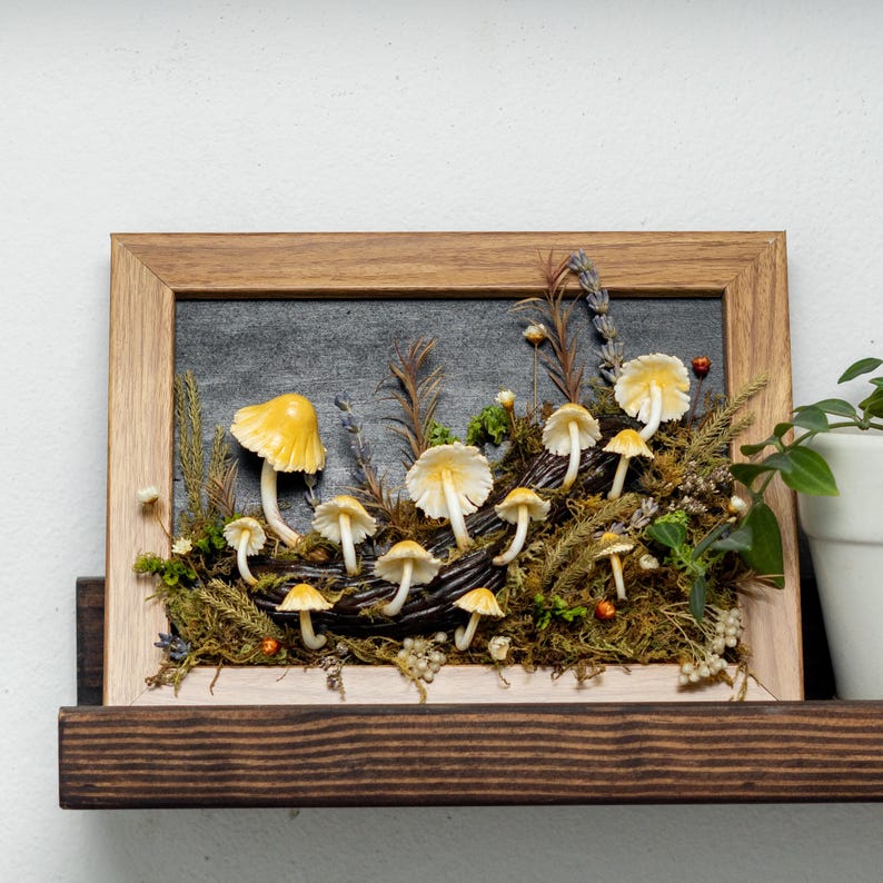 Clay Mushroom Forest Painting, Natural 3D Wall Art With Yellow Mushroom & Dried Plants In Oak Frame, Clay Art For Decor Home, Best Gift Idea