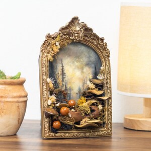 Clay Mushroom Forest Painting, 3D Wall Art With Mushrooms & Pine Trees In Gold Arch Frame, Mushroom And Rustic Nature Scene, Vintage Decor