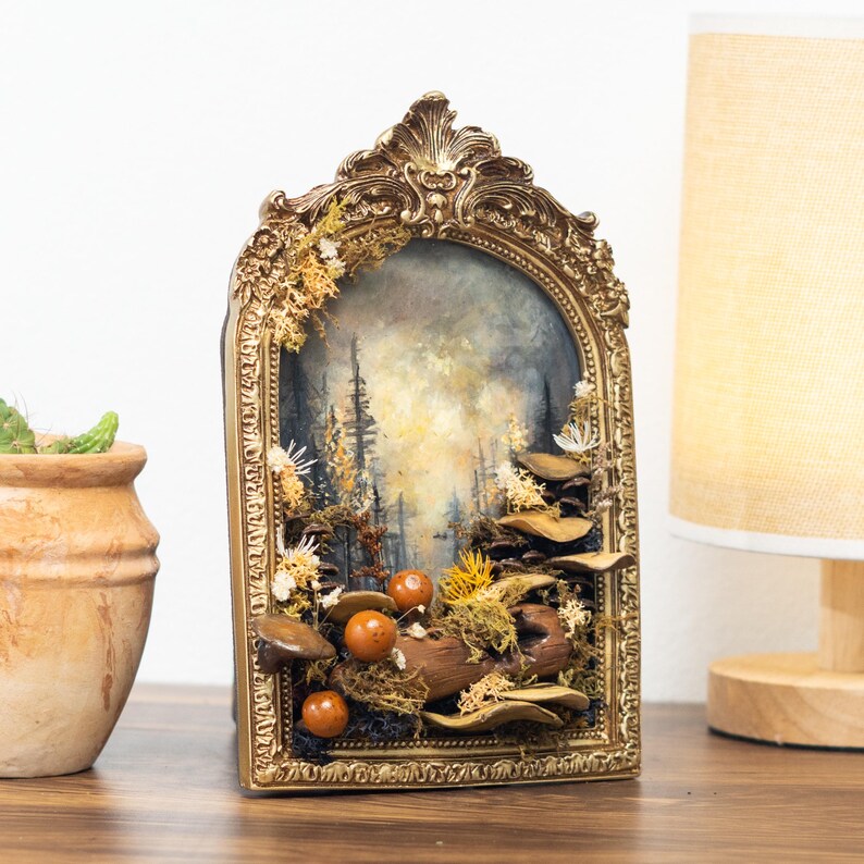 Clay Mushroom Forest Painting, 3D Wall Art With Mushrooms & Pine Trees In Gold Arch Frame, Mushroom And Rustic Nature Scene, Vintage Decor