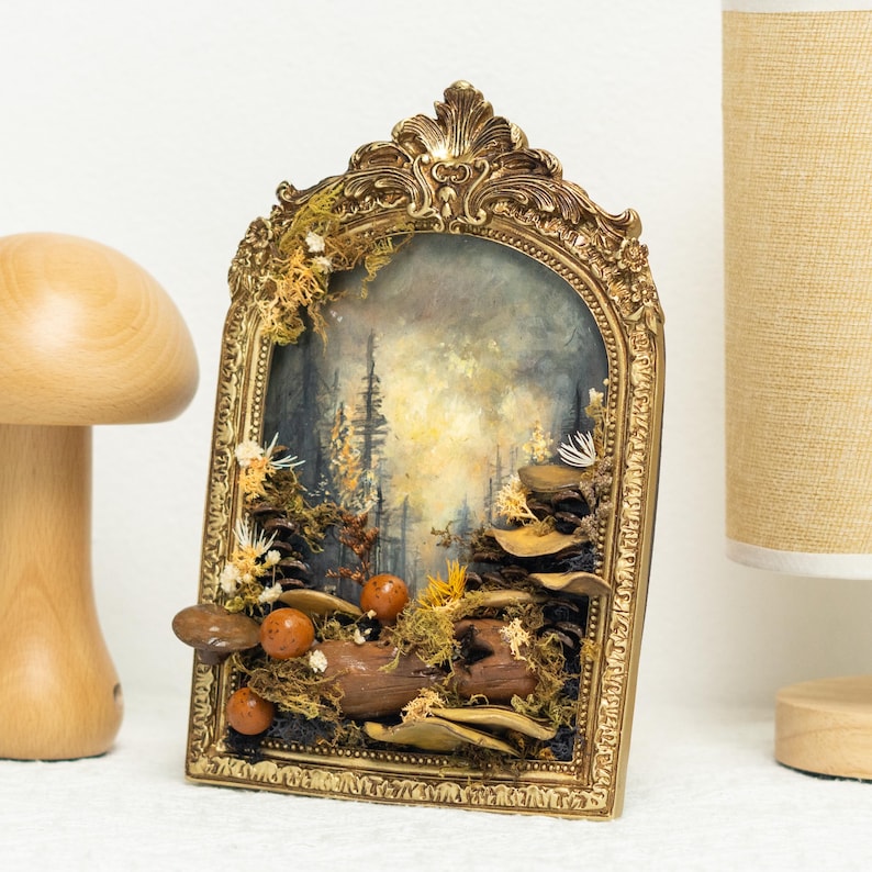 Clay Mushroom Forest Painting, 3D Wall Art With Mushrooms & Pine Trees In Gold Arch Frame, Mushroom And Rustic Nature Scene, Vintage Decor