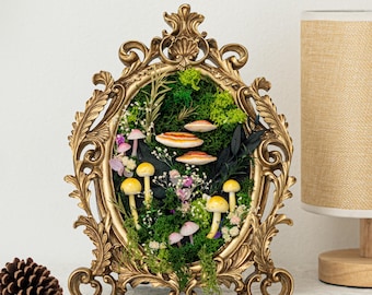 Goblincore Mushroom Wall Art – 3D Clay Mushroom Diorama in Ornate Gold Frame, Enchanted Forest Cottagecore Decor
