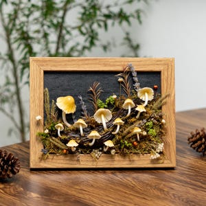 Clay Mushroom Forest Painting, Natural 3D Wall Art With Yellow Mushroom & Dried Plants In Oak Frame, Clay Art For Decor Home, Best Gift Idea