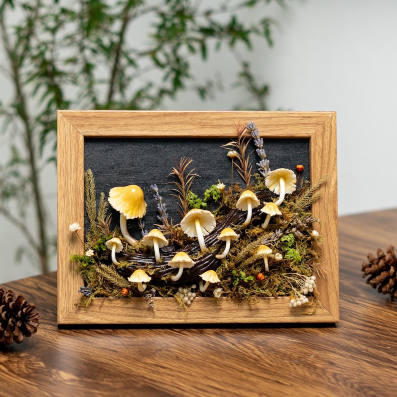 Clay Mushroom Forest Painting, Natural 3D Wall Art With Yellow Mushroom & Dried Plants In Oak Frame, Clay Art For Decor Home, Best Gift Idea
