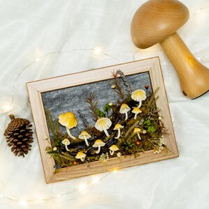 Clay Mushroom Forest Painting, Natural 3D Wall Art With Yellow Mushroom & Dried Plants In Oak Frame, Clay Art For Decor Home, Best Gift Idea