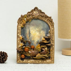 Clay Mushroom Forest Painting, 3D Wall Art With Mushrooms & Pine Trees In Gold Arch Frame, Mushroom And Rustic Nature Scene, Vintage Decor