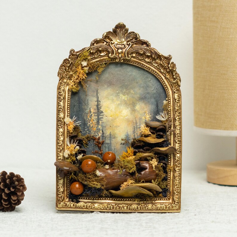 Clay Mushroom Forest Painting, 3D Wall Art With Mushrooms & Pine Trees In Gold Arch Frame, Mushroom And Rustic Nature Scene, Vintage Decor