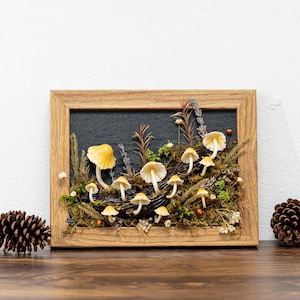 Clay Mushroom Forest Painting, Natural 3D Wall Art With Yellow Mushroom & Dried Plants In Oak Frame, Clay Art For Decor Home, Best Gift Idea