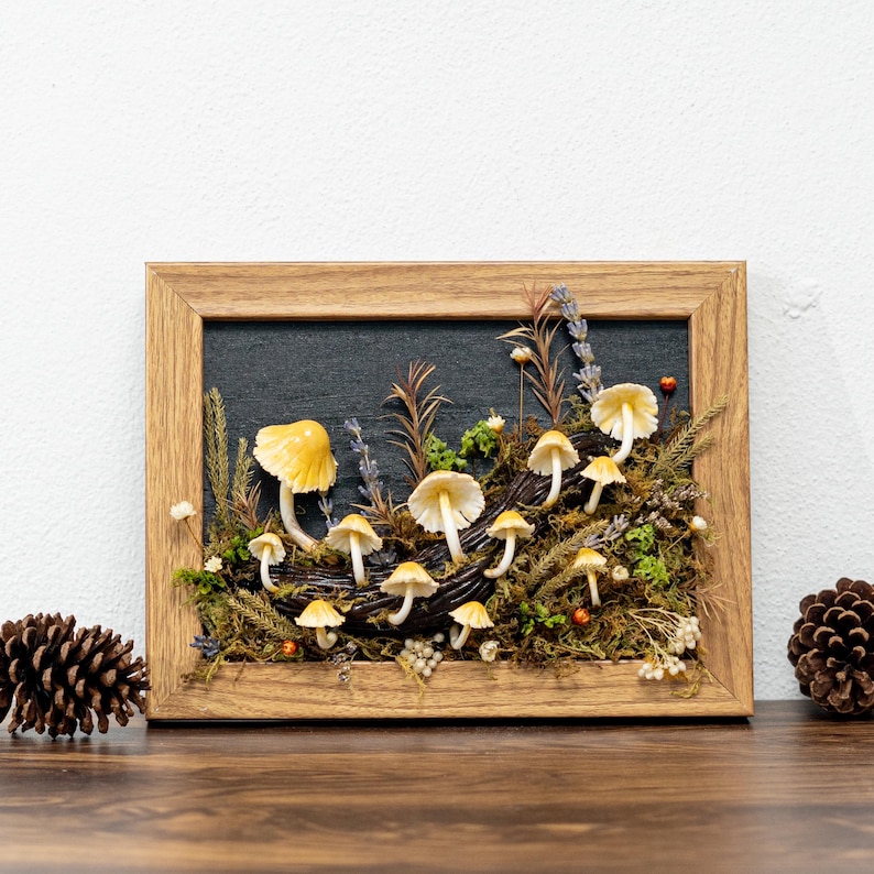 Clay Mushroom Forest Painting, Natural 3D Wall Art With Yellow Mushroom & Dried Plants In Oak Frame, Clay Art For Decor Home, Best Gift Idea