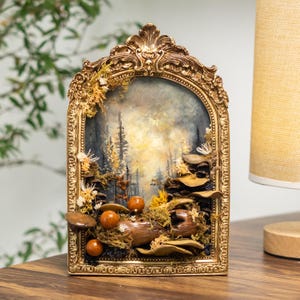 Clay Mushroom Forest Painting, 3D Wall Art With Mushrooms & Pine Trees In Gold Arch Frame, Mushroom And Rustic Nature Scene, Vintage Decor