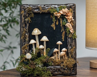 Goblincore Mushroom & Moss Wall Art, Whimsical Fungi Decor for Curio Cabinet or Study
