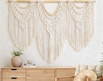 Boho Macramé Wall Hanging, Handmade Macrame Dreamcatcher, Large Bohemian Wall Decor, Neutral Fiber Art, Bedroom Living Room