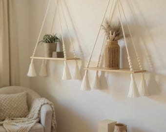 Macrame Wall Shelf – Boho Hanging Wall Shelf for Plants – Wooden Macrame Wall Decor – Boho Home Decor