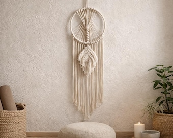 Macrame Dream Catcher Wall Hanging – Boho Wall Decor Handmade Cotton, Neutral Macrame Tapestry for Bedroom Living Room