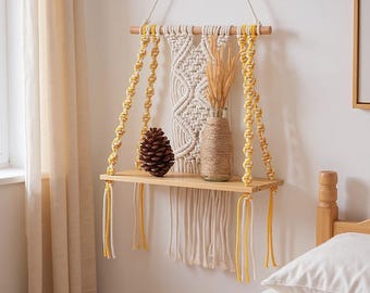 Boho macramé wall hanging with shelf – macramé decor for floating shelves, plant holder, small shelf, handmade wall art, Macrame Wall