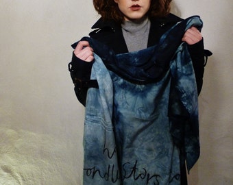 HAND DYED BAMBOO Scarf - Hand Written Text - Rich Blues And Navys
