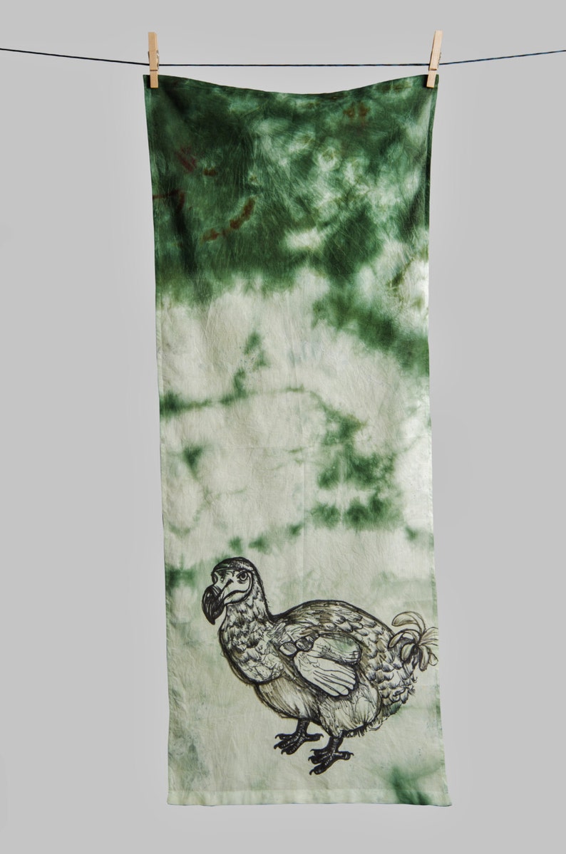 HAND DYED COTTON Scarf Hand Drawn Alice In Wonderland Dodo Tea And Moss Green image 3