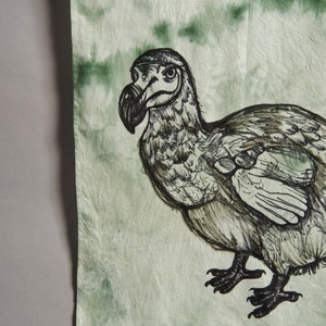 HAND DYED COTTON Scarf Hand Drawn Alice In Wonderland Dodo Tea And Moss Green image 1