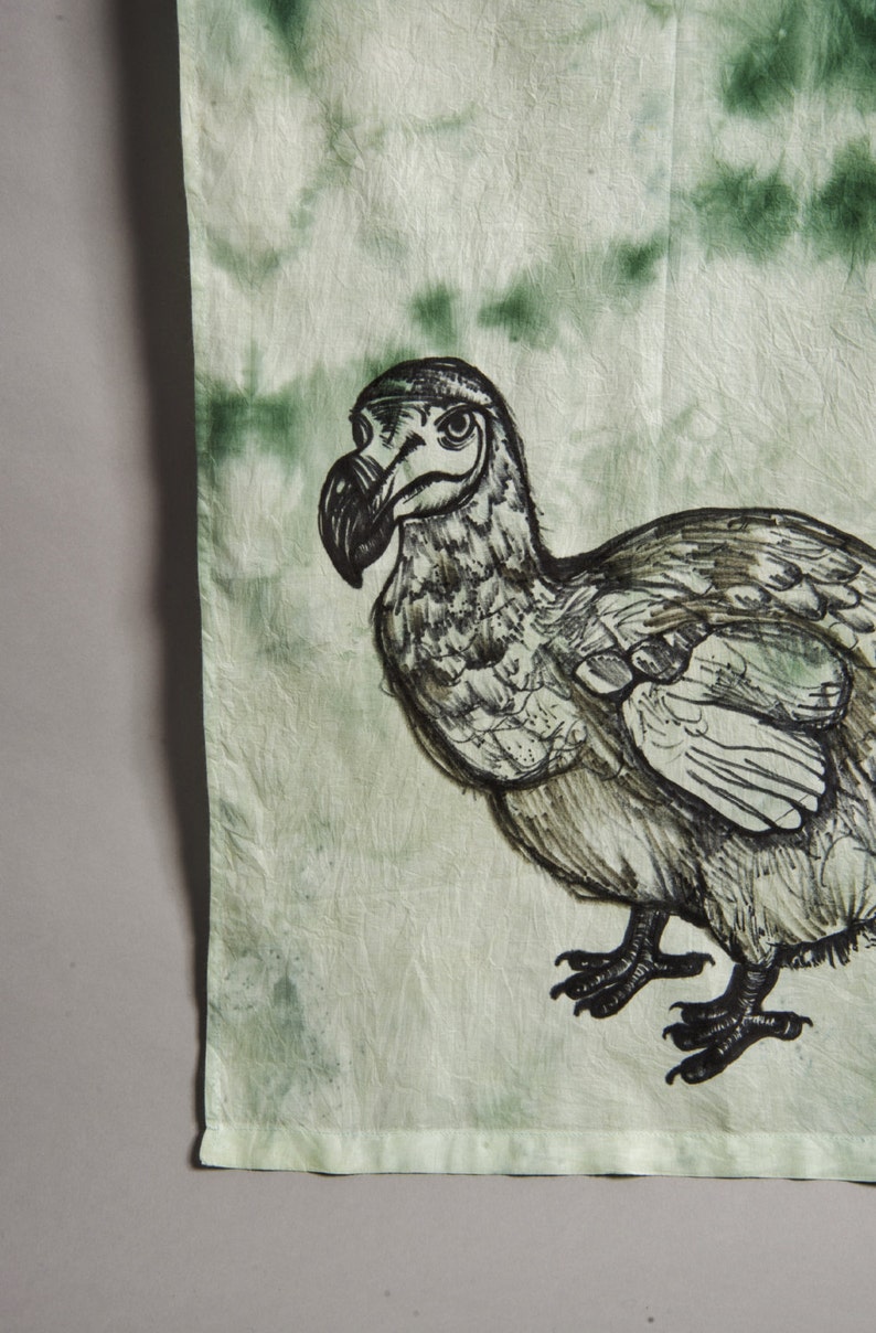 HAND DYED COTTON Scarf Hand Drawn Alice In Wonderland Dodo Tea And Moss Green image 1