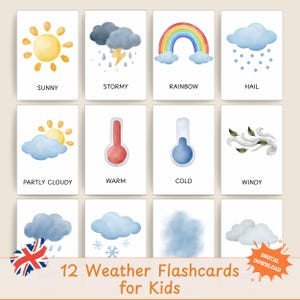 Könnte beinhalten: Set mit 12 Wetter-Lernkarten für Kinder, mit Aquarellillustrationen von sonnigem, stürmischem, Regenbogen-, Hagel-, teilweise bewölktem, warmem, kaltem und windigem Wetter. Jede Karte hat ein Bild und ein Wort.
