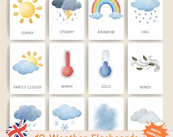 Weather Flashcards Printable | Montessori Cards for Toddler & Preschool | Homeschool, Kindergarten, Classroom Decor | Digital Download