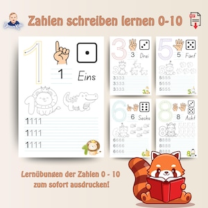 Könnte beinhalten: Druckbare Arbeitsblätter zum Erlernen der Zahlen 0-10. Jede Seite zeigt eine Zahl, eine entsprechende Illustration und Übungszeilen zum Schreiben. Enthält den Text "Zahlen schreiben lernen 0-10" und "Lernübungen der Zahlen 0 - 10 zum sofort ausdrucken!"