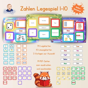 Aprenda os números de 1 a 10 de forma lúdica | Jogo de quebra-cabeça para impressão para pré-escola e creche | 70 cartas | 3 designs | Montessori inspira