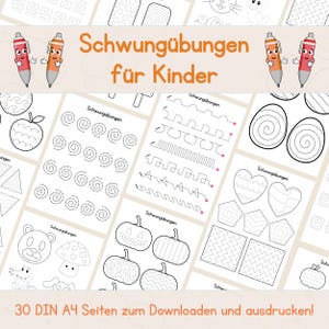 Könnte beinhalten: Eine Sammlung von ausdruckbaren Arbeitsblättern für Kinder, mit Schwungübungen und verschiedenen Formen. Die Arbeitsblätter enthalten Bilder von Äpfeln, Kürbissen und anderen Objekten. Der Titel "Schwungübungen für Kinder" ist oben zu sehen.