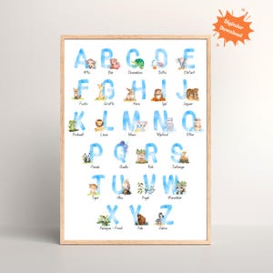 Cartaz com letras do alfabeto e animais de A a Z DIN A4 | Creche, Jardim de Infância, Pré-escola, Sala de Crianças | Cartaz de Aprendizagem do Alfabeto para Crianças | Download Digital