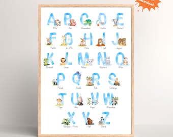 Buchstaben ABC Poster mit Tieren A-Z DIN A4 | Kita Kindergarten Vorschule Kinderzimmer | Alphabet Lernposter für Kinder | Digitaler Download